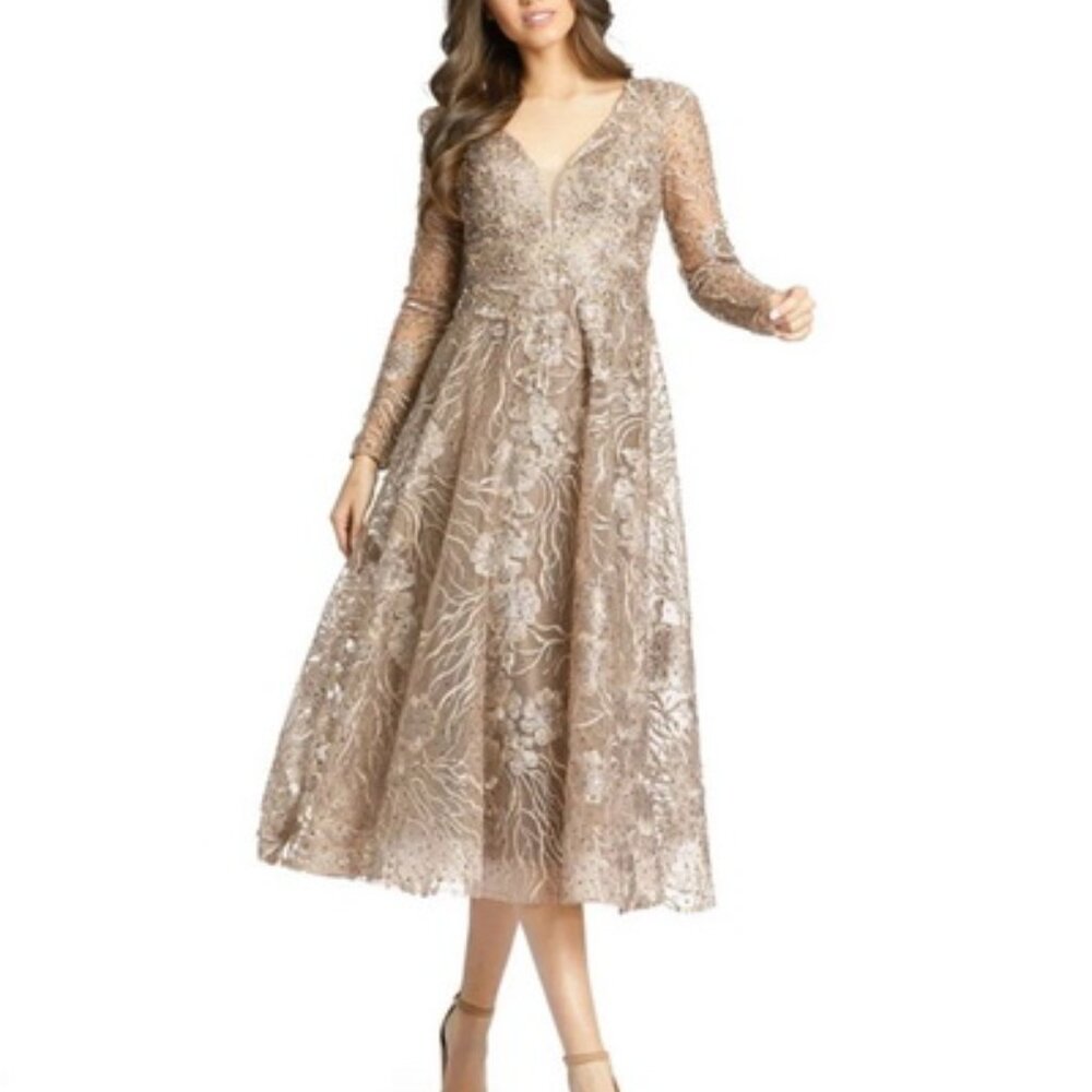 Mac Duggal Vintage Gold Floral Embroidered Sequin Beaded Midi Gown